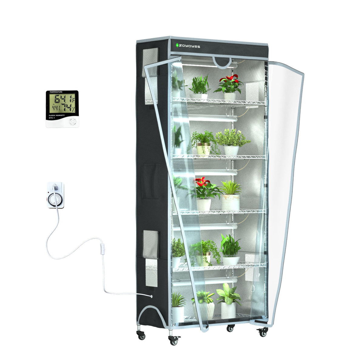 Indoor Greenhouse 6-Tier Plant Rack with Cover, 5 T8 Grow Lights, Thermometer & Timer – Seedlings, Flowering, Herbs & Vegetables, Indoor Gardening, Easy Assembly 30" W x 14" D x 72" H