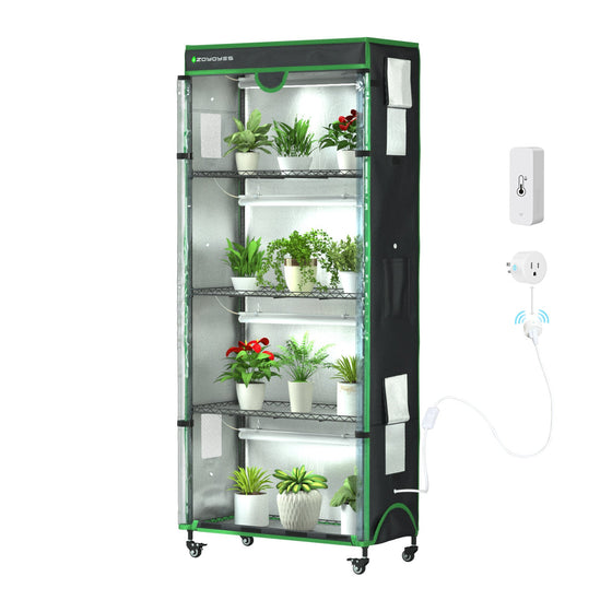Indoor Greenhouse with Grow Light, 35.8" W x 17.8" D x 71.8" H, 5 - Tier Plant Shelf with 3 - Color T8 Growth Lights, Plant Stand with Smart Timing Plug and thermohygrometer - ZYSUOR Reptile Systems