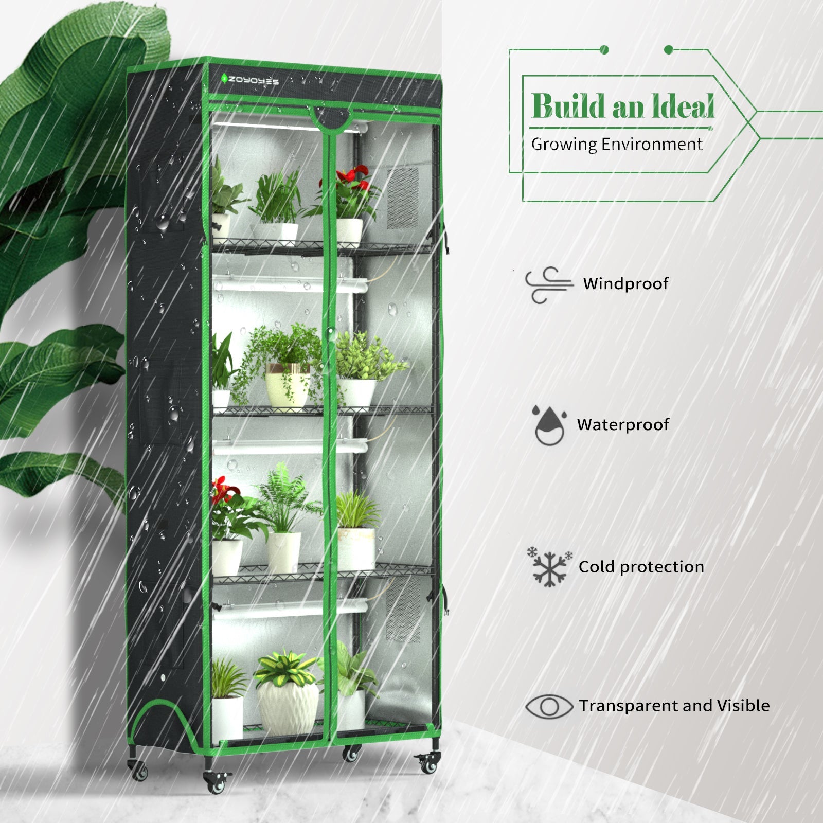 Indoor Greenhouse with Grow Light, 35.8" W x 17.8" D x 71.8" H, 5 - Tier Plant Shelf with 3 - Color T8 Growth Lights, Plant Stand with Smart Timing Plug and thermohygrometer - ZYSUOR Reptile Systems