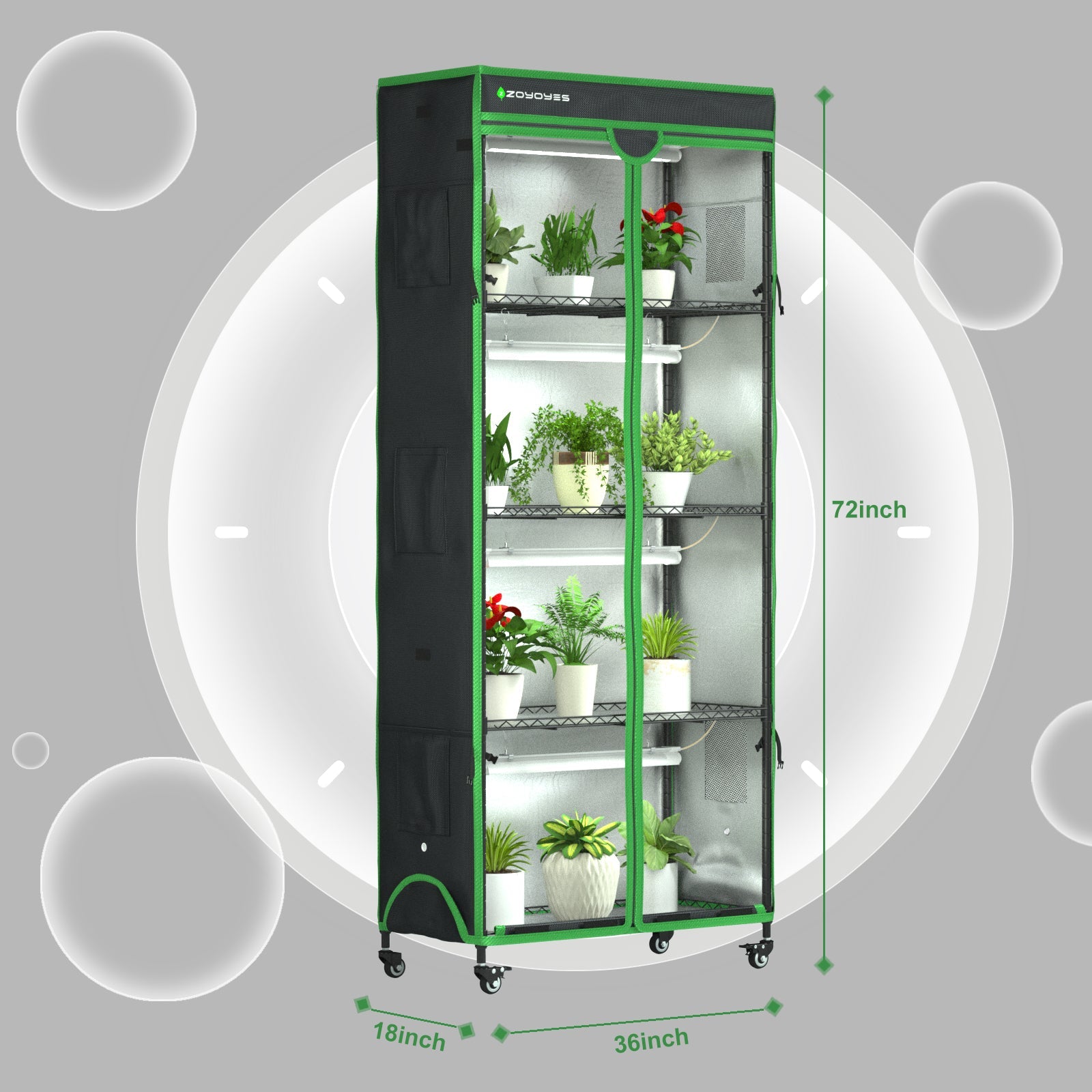 Indoor Greenhouse with Grow Light, 35.8" W x 17.8" D x 71.8" H, 5 - Tier Plant Shelf with 3 - Color T8 Growth Lights, Plant Stand with Smart Timing Plug and thermohygrometer - ZYSUOR Reptile Systems