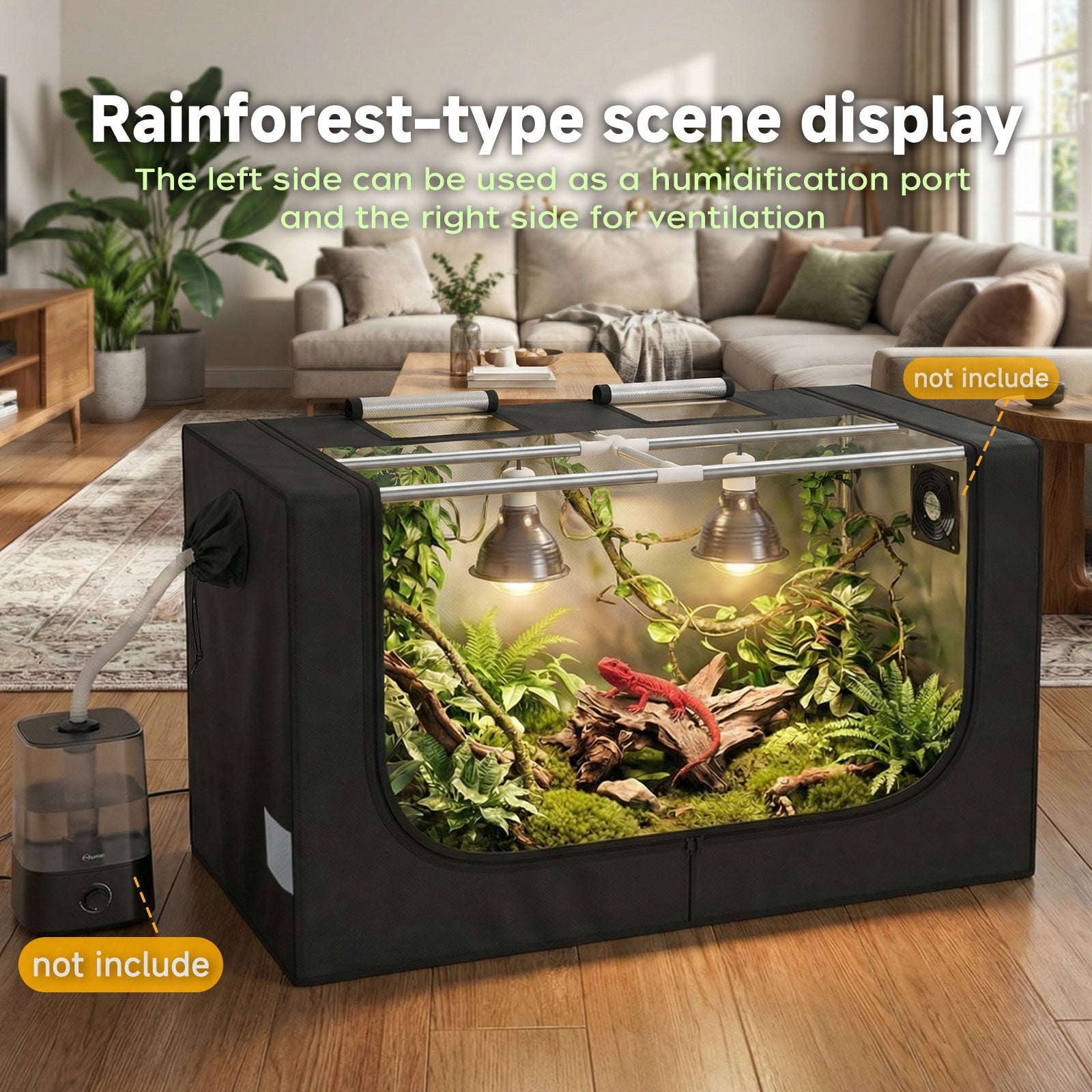 Large Reptile Enclosure Tent, 4 x 2 x 2 ft (48 x 24 x 24 Inch) Habitat with Insulated Cover & Stainless Steel Frame, Dual 4" Accessory Ports for Bearded Dragon, Lizards, Geckos & Chameleons - ZYSUOR Reptile Systems
