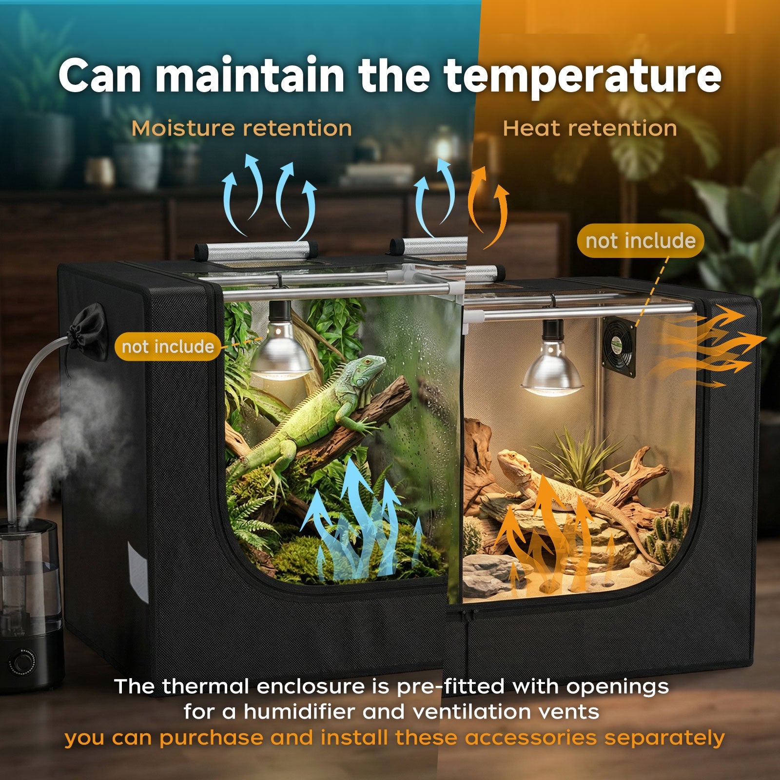 Large Reptile Enclosure Tent, 4 x 2 x 2 ft (48 x 24 x 24 Inch) Habitat with Insulated Cover & Stainless Steel Frame, Dual 4" Accessory Ports for Bearded Dragon, Lizards, Geckos & Chameleons - ZYSUOR Reptile Systems