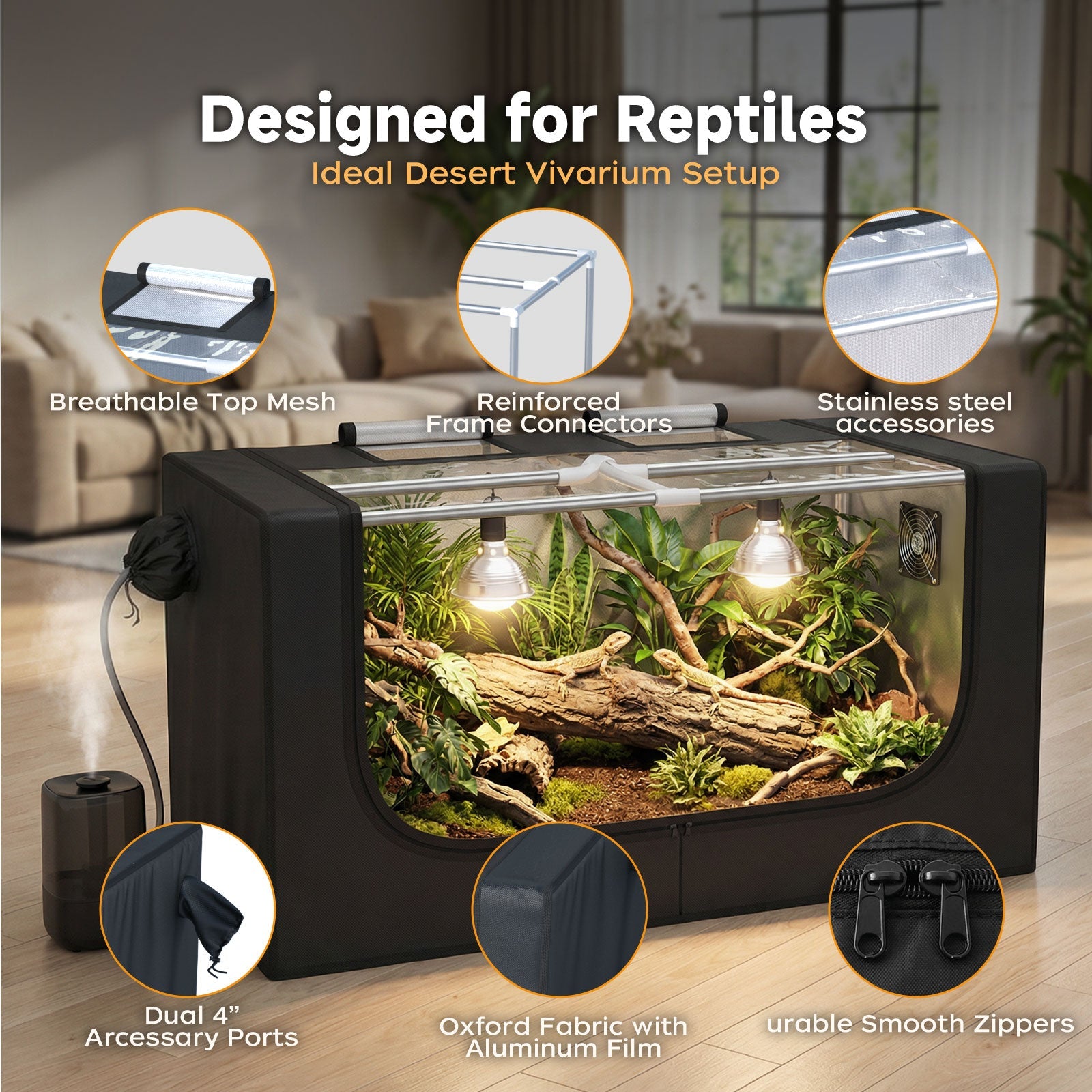 Large Reptile Enclosure Tent, 4 x 2 x 2 ft (48 x 24 x 24 Inch) Habitat with Insulated Cover & Stainless Steel Frame, Dual 4" Accessory Ports for Bearded Dragon, Lizards, Geckos & Chameleons - ZYSUOR Reptile Systems