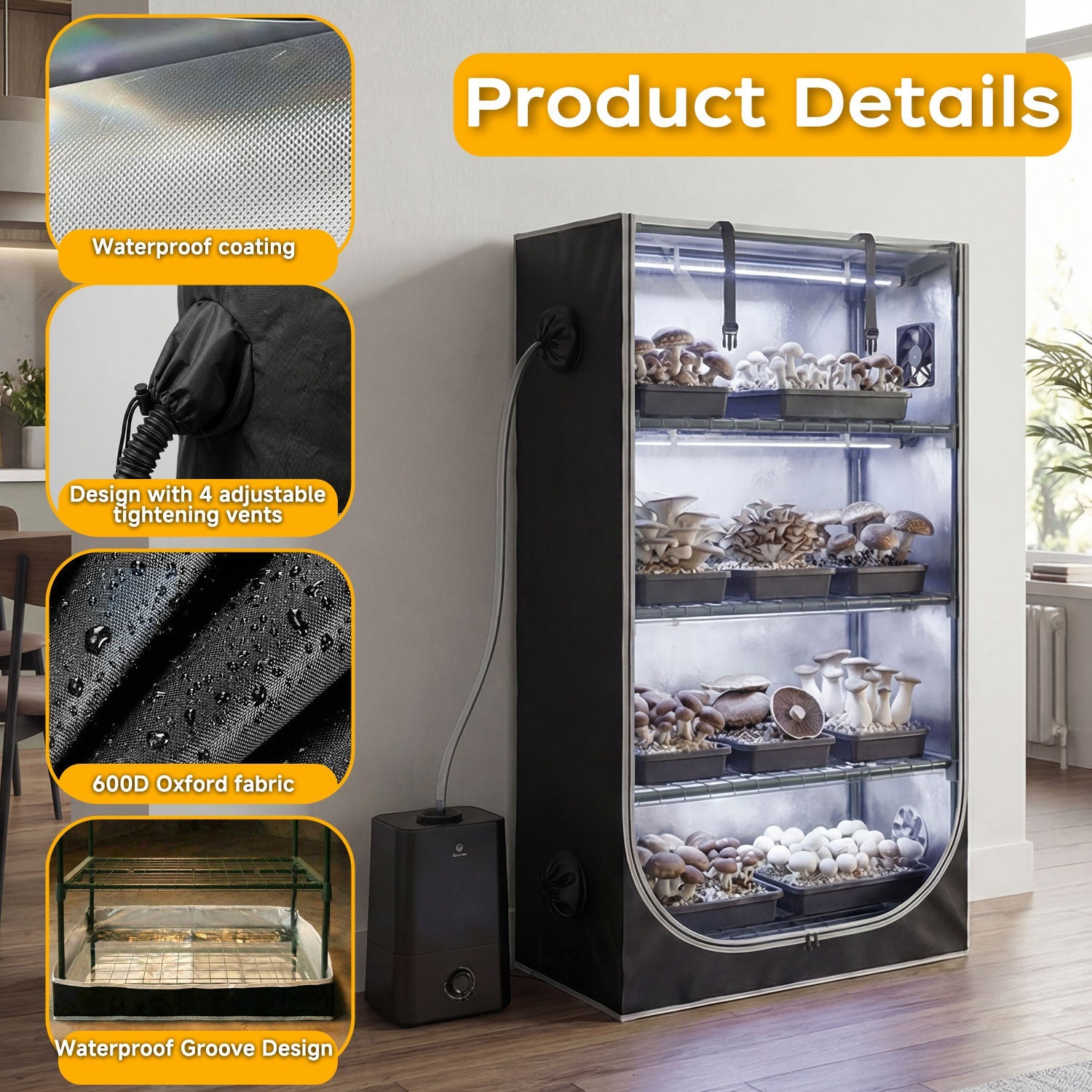 Mushroom Grow Tent with Mushroom - Optimized Grow Lights & Timer, 60" x 27.5" x 20" Indoor Growing Tent with Oxford Fabric Cover, “4" Vent Ports for Accessories - ZYSUOR Reptile Systems