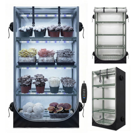 Mushroom Grow Tent with Mushroom - Optimized Grow Lights & Timer, 60" x 27.5" x 20" Indoor Growing Tent with Oxford Fabric Cover, “4" Vent Ports for Accessories - ZYSUOR Reptile Systems