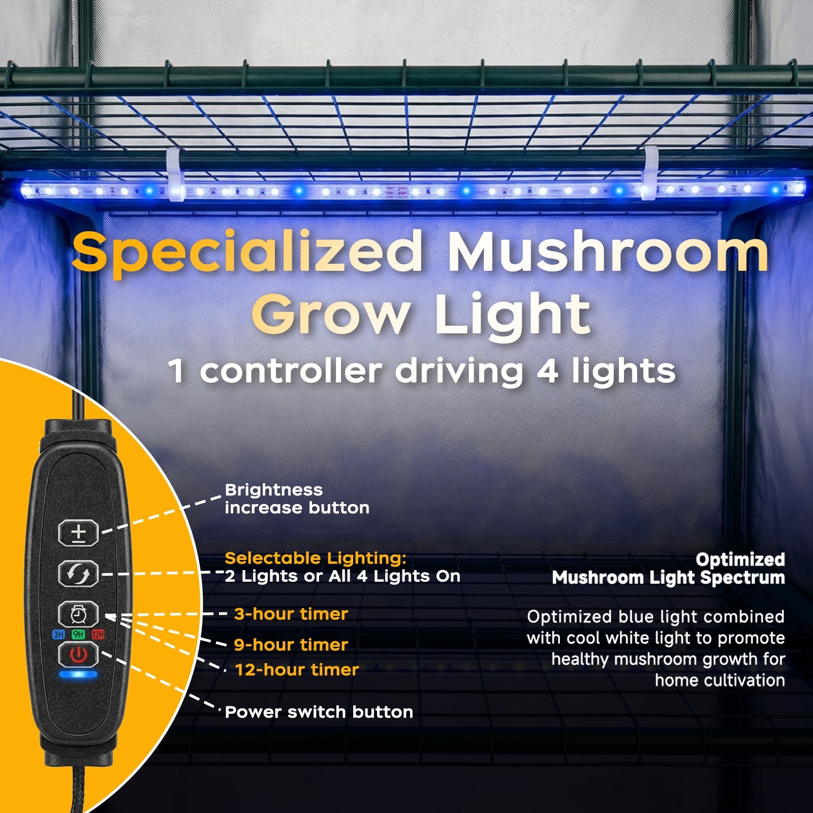 Mushroom Grow Tent with Mushroom - Optimized Grow Lights & Timer, 60" x 27.5" x 20" Indoor Growing Tent with Oxford Fabric Cover, “4" Vent Ports for Accessories - ZYSUOR Reptile Systems